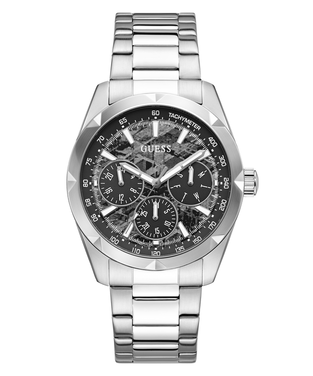 A Guess men's stainless steel watch with a silver-tone metal link bracelet, featuring a black and gray textured dial with three subdials and a tachymeter bezel.