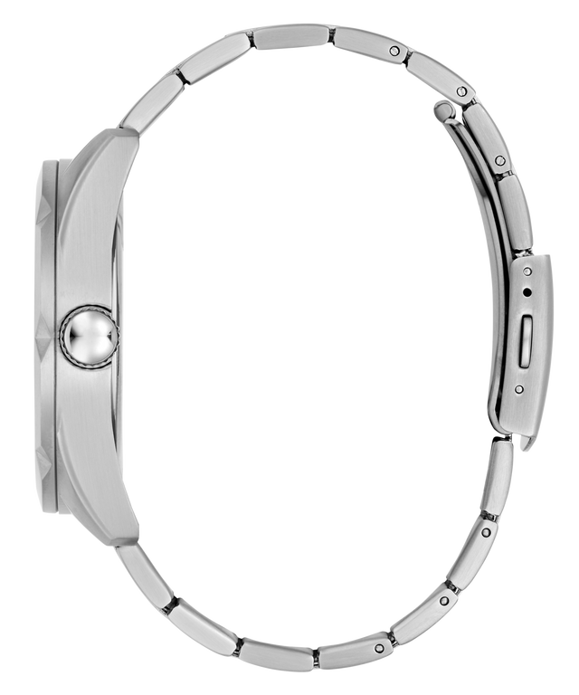 A silver stainless steel watch band with a matching metal case side profile, featuring a textured crown and a clean white background.