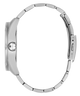 A silver stainless steel watch band with a matching metal case side profile, featuring a textured crown and a clean white background.