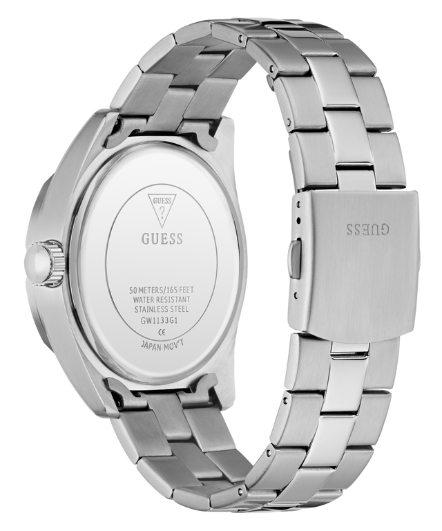 Silver stainless steel wristwatch shown from the back, featuring a matching metal link bracelet, a crown knob on the left, and the GUESS brand name and logo visible on the back case and clasp.