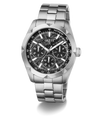 A GUESS men's stainless steel chronograph watch with a black textured dial, featuring three sub-dials, a faceted bezel, and a matching steel link bracelet, shown on a white background.