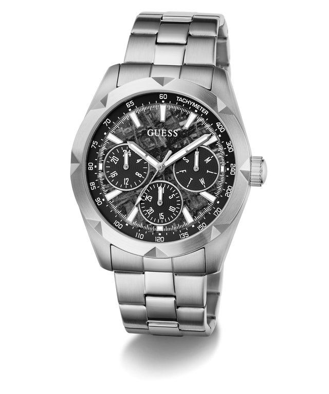 A GUESS men's stainless steel chronograph watch with a black textured dial, featuring three sub-dials, a faceted bezel, and a matching steel link bracelet, shown on a white background.