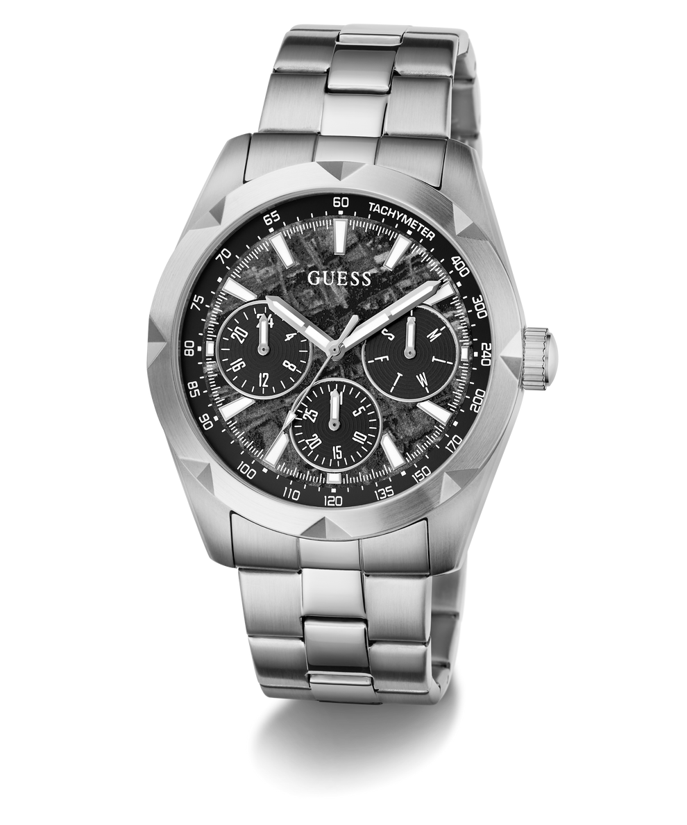 A GUESS men's stainless steel chronograph watch with a black textured dial, featuring three sub-dials, a faceted bezel, and a matching steel link bracelet, shown on a white background.