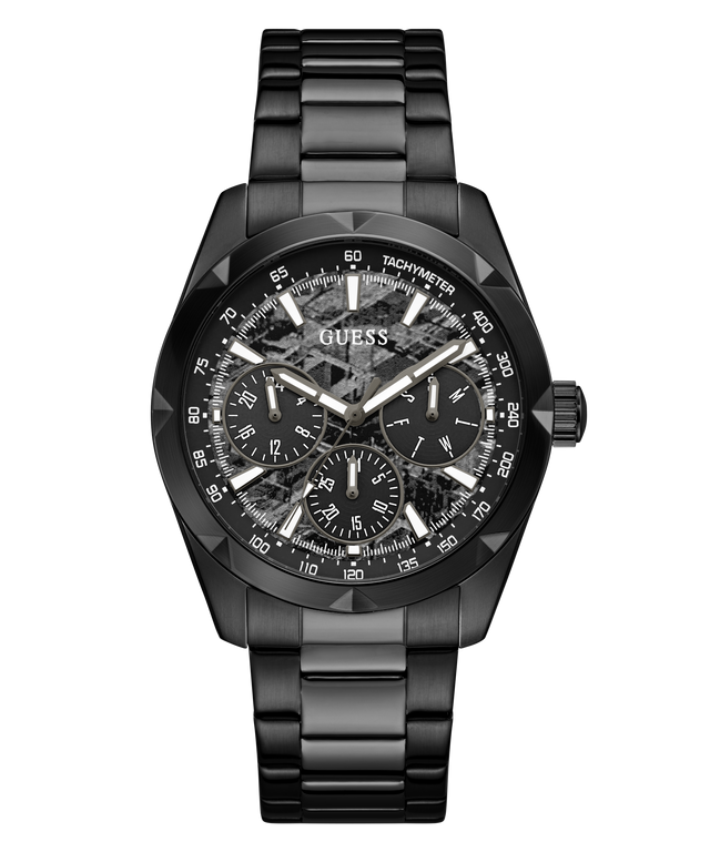 A black GUESS chronograph watch with a matching black metal link bracelet, featuring a textured black dial with white markings and sub-dials.