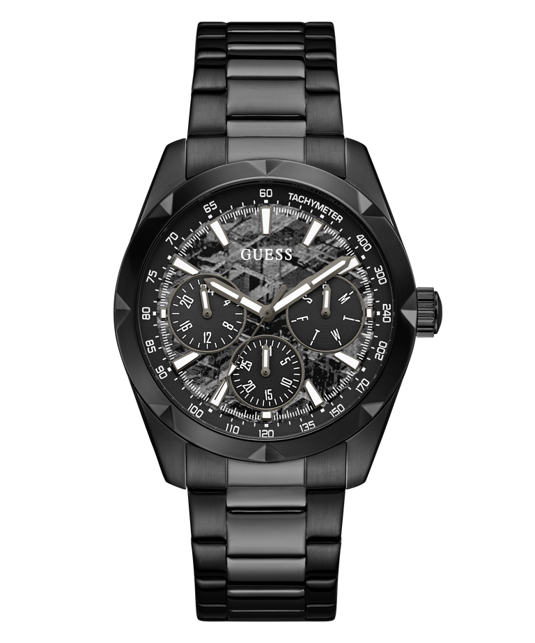 A black GUESS chronograph watch with a matching black metal link bracelet, featuring a textured black dial with white markings and sub-dials.