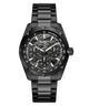 A black GUESS chronograph watch with a matching black metal link bracelet, featuring a textured black dial with white markings and sub-dials.