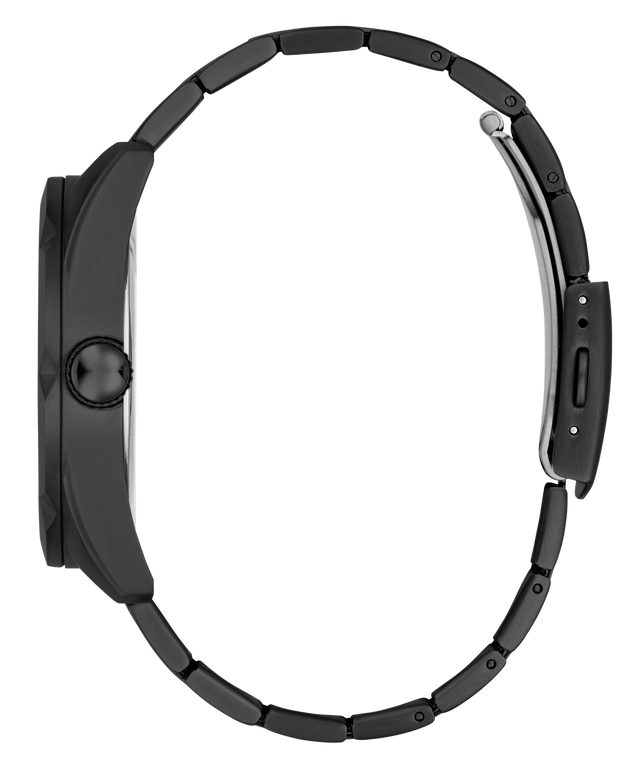 A side profile view of a smartwatch with a matte black metal link band and a matching black case, set against a solid white background.