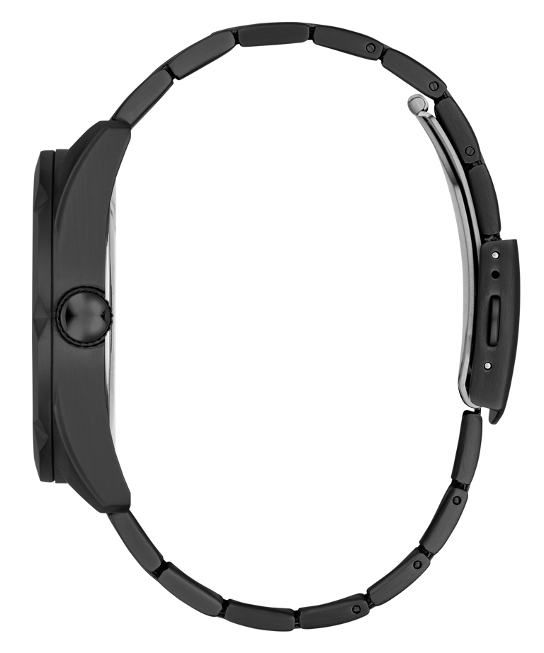 A side profile view of a smartwatch with a matte black metal link band and a matching black case, set against a solid white background.