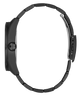 A side profile view of a smartwatch with a matte black metal link band and a matching black case, set against a solid white background.