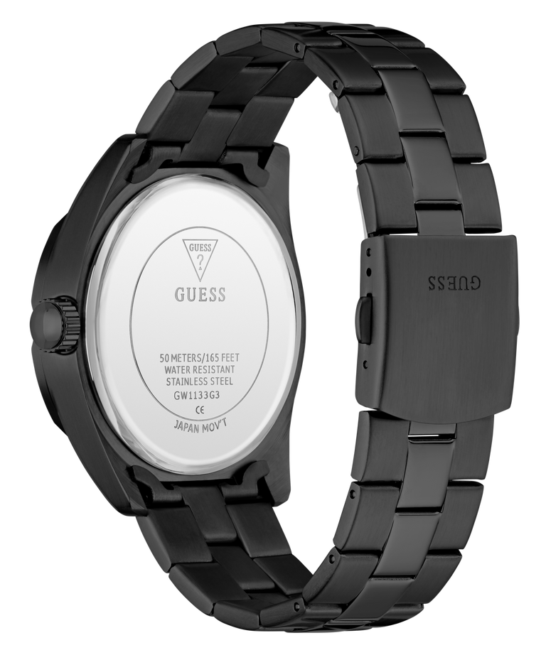 Black stainless steel watch shown from the back, featuring a black metal link bracelet, black case, and a silver-toned circular back cover with GUESS branding and technical specifications.