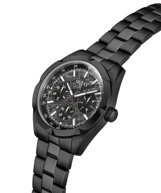 A black Guess analog watch with a multi-dial chronograph face and a matching black link bracelet, shown on a clean white background. lifestyle
