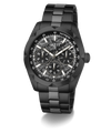 A GUESS men's chronograph watch with a black stainless steel case, integrated link bracelet, and a textured black and gray dial with white markings.