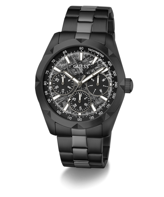A GUESS men's chronograph watch with a black stainless steel case, integrated link bracelet, and a textured black and gray dial with white markings.