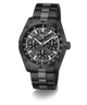 A GUESS men's chronograph watch with a black stainless steel case, integrated link bracelet, and a textured black and gray dial with white markings.