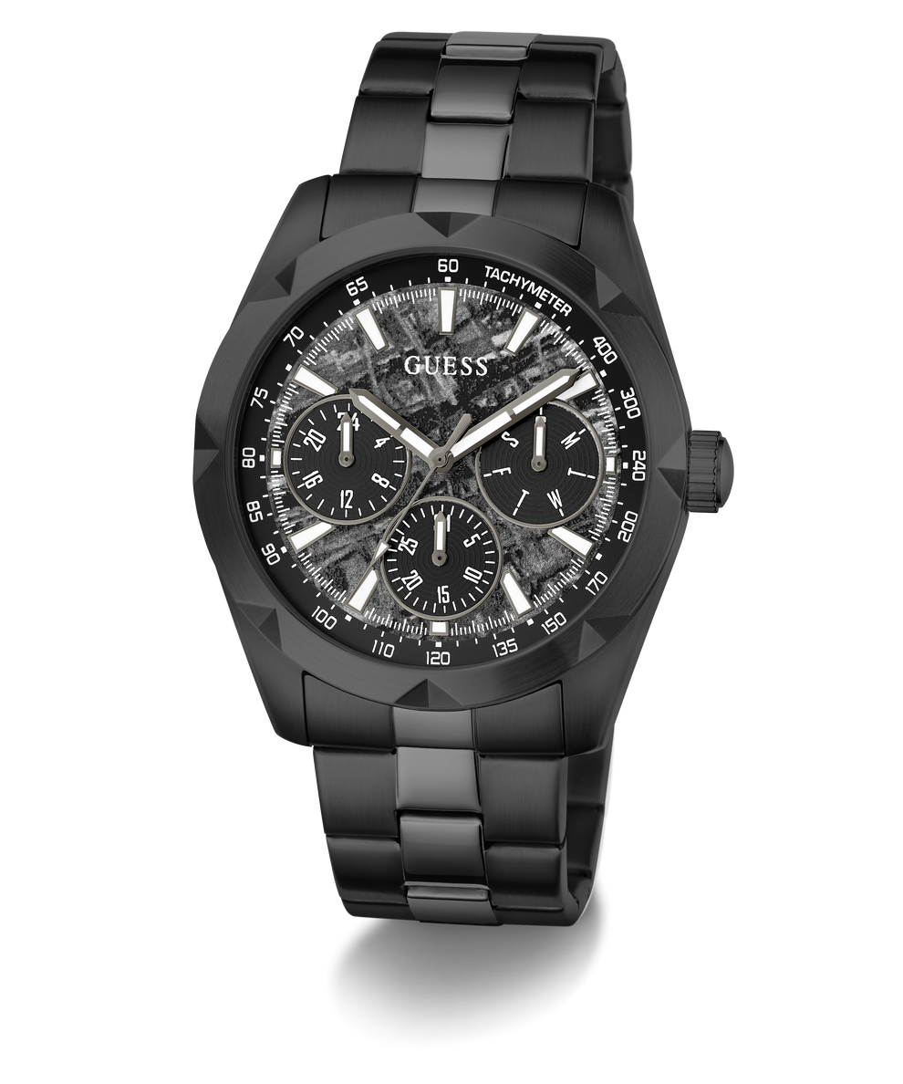 A GUESS men's chronograph watch with a black stainless steel case, integrated link bracelet, and a textured black and gray dial with white markings.