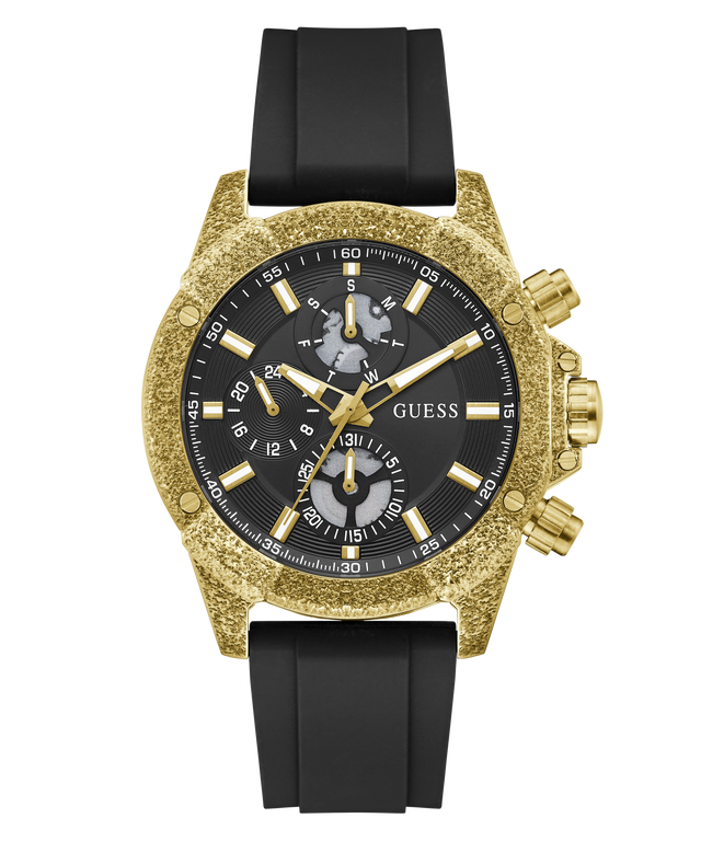 A Guess men's watch featuring a textured gold-tone case, a black dial with gold-tone subdials and markers, and a black rubber strap, shown against a plain white background.