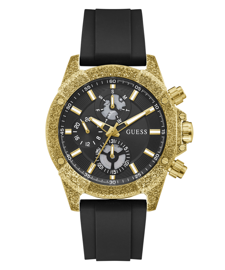 A Guess men's watch featuring a textured gold-tone case, a black dial with gold-tone subdials and markers, and a black rubber strap, shown against a plain white background.
