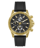 A Guess men's watch featuring a textured gold-tone case, a black dial with gold-tone subdials and markers, and a black rubber strap, shown against a plain white background.