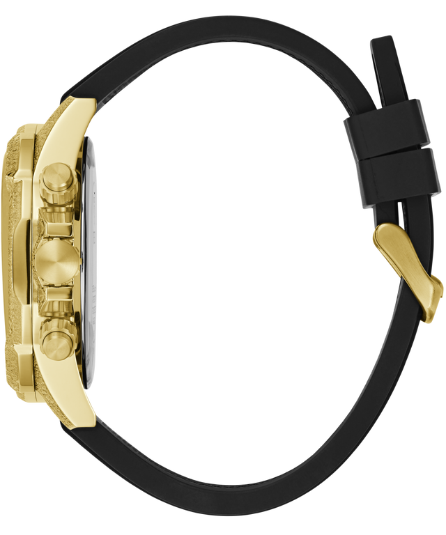 A close-up side view of a wristwatch with a gold-tone case, three-button chronograph layout, and a black rubber strap with a gold buckle, shown on a plain white background.