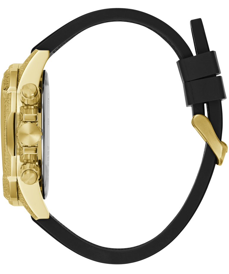 A close-up side view of a wristwatch with a gold-tone case, three-button chronograph layout, and a black rubber strap with a gold buckle, shown on a plain white background.