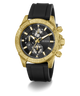 A Guess men's chronograph watch featuring a textured gold-tone case, a black dial with gold-tone subdials and markers, and a black rubber strap, shown on a white background with a soft shadow.