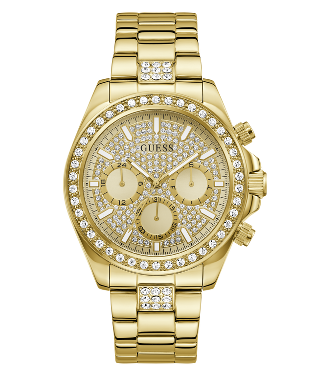 Gold-tone Guess wristwatch with a diamond-encrusted bezel, matching gold dial with three subdials, and a linked metal bracelet, shown on a plain white background.