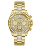 Gold-tone Guess wristwatch with a diamond-encrusted bezel, matching gold dial with three subdials, and a linked metal bracelet, shown on a plain white background.