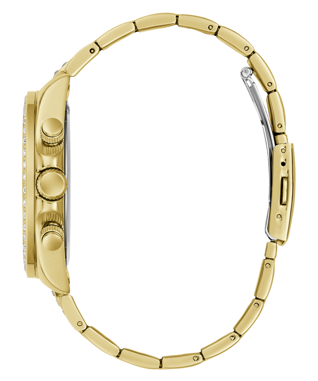 A gold-tone stainless steel watch with a matching link bracelet, shown from a side profile view against a solid white background.