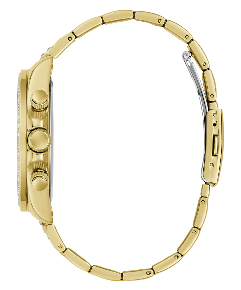 A gold-tone stainless steel watch with a matching link bracelet, shown from a side profile view against a solid white background.