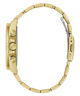 A gold-tone stainless steel watch with a matching link bracelet, shown from a side profile view against a solid white background.