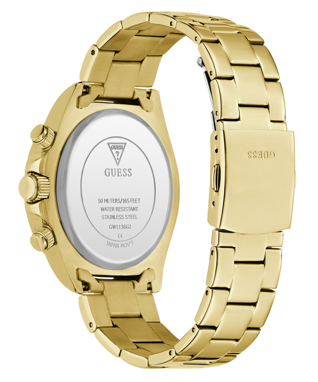 Gold-tone stainless steel watch with a metal link bracelet, shown from the back. The case has two side pushers, and the back cover displays the GUESS logo and specifications.