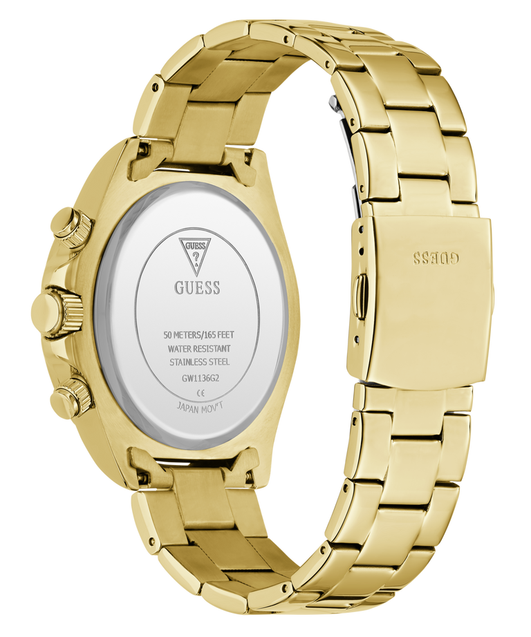 Gold-tone stainless steel watch with a metal link bracelet, shown from the back. The case has two side pushers, and the back cover displays the GUESS logo and specifications.