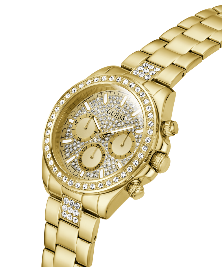 Gold-tone Guess wristwatch with a crystal-studded bezel, matching crystal-detailed dial, and a gold-tone link bracelet on a white background. lifestyle