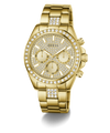 Gold-tone Guess women's chronograph watch with a diamond-encrusted bezel and dial, featuring three subdials and a matching diamond-accented metal link bracelet.