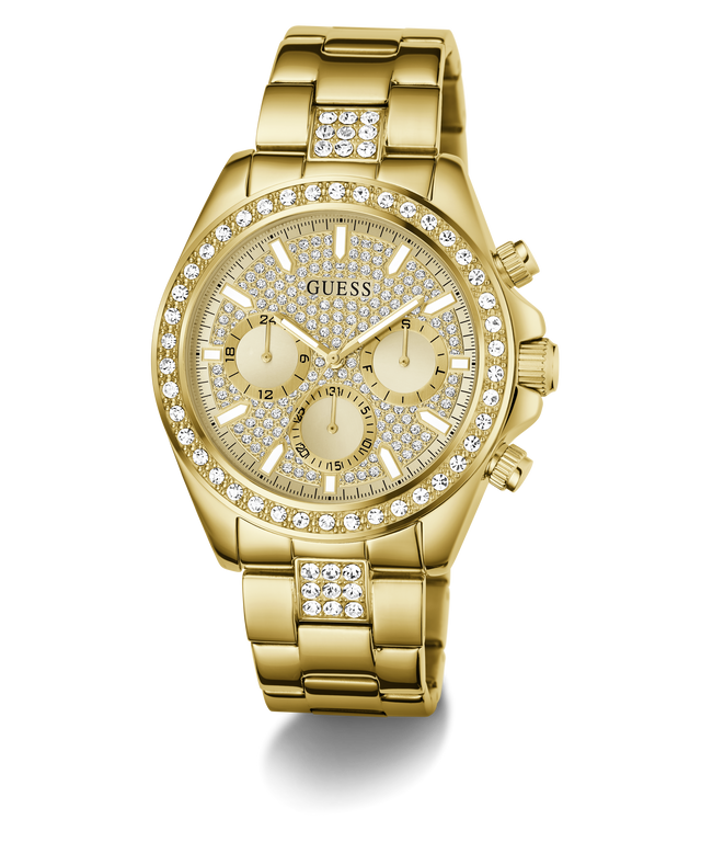 Gold-tone Guess women's chronograph watch with a diamond-encrusted bezel and dial, featuring three subdials and a matching diamond-accented metal link bracelet.