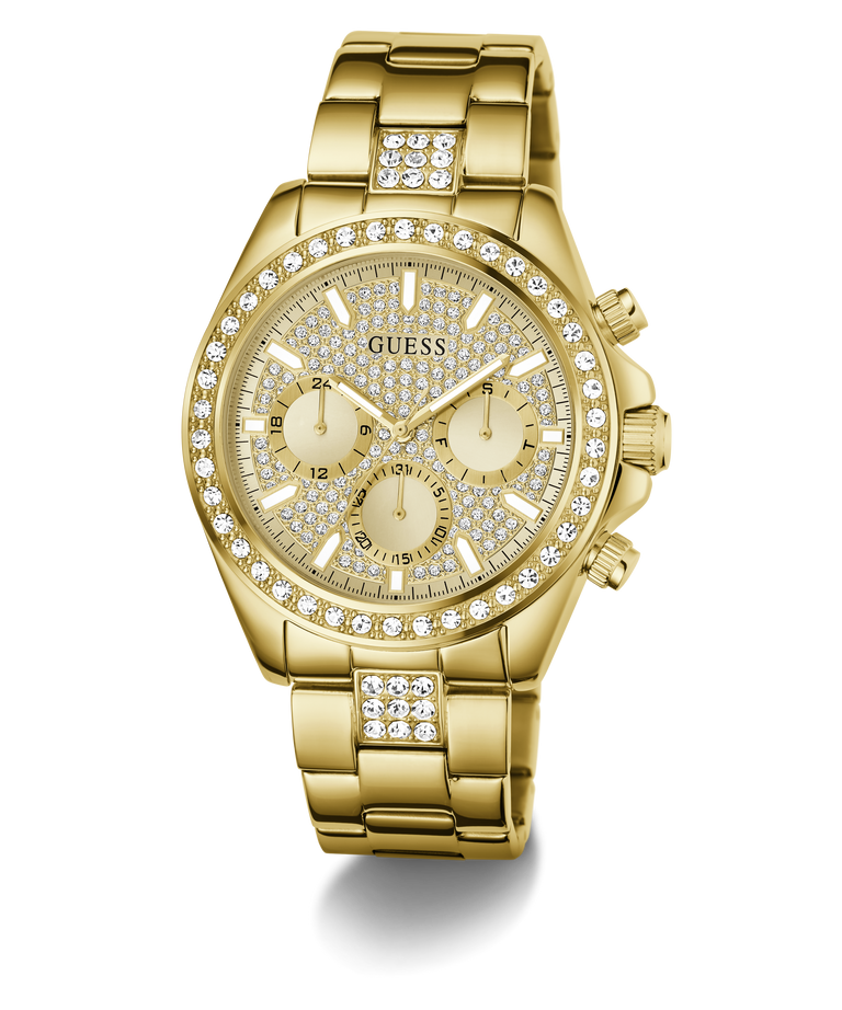 Gold-tone Guess women's chronograph watch with a diamond-encrusted bezel and dial, featuring three subdials and a matching diamond-accented metal link bracelet.