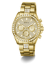 Gold-tone Guess women's chronograph watch with a diamond-encrusted bezel and dial, featuring three subdials and a matching diamond-accented metal link bracelet.