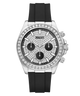 A Guess chronograph watch with a silver-tone case, a bezel encrusted with clear stones, a black dial with three subdials, and a black rubber strap, shown on a plain white background.