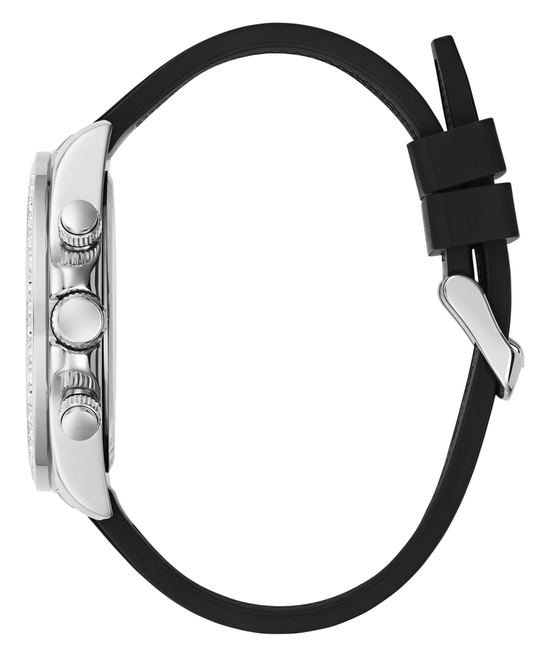 A side profile view of a watch with a black rubber strap, silver-tone case, and silver-tone pushers on a plain white background.