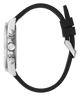A side profile view of a watch with a black rubber strap, silver-tone case, and silver-tone pushers on a plain white background.