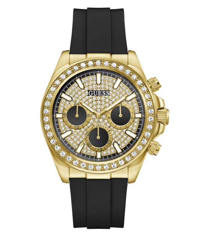 Gold-tone Guess chronograph watch with a diamond-encrusted bezel, black dial with three subdials, and a black silicone strap, shown on a white background.