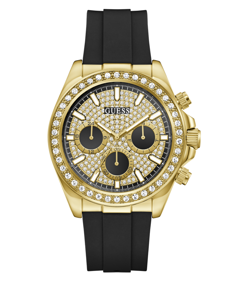 Gold-tone Guess chronograph watch with a diamond-encrusted bezel, black dial with three subdials, and a black silicone strap, shown on a white background.