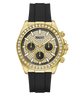 Gold-tone Guess chronograph watch with a diamond-encrusted bezel, black dial with three subdials, and a black silicone strap, shown on a white background.
