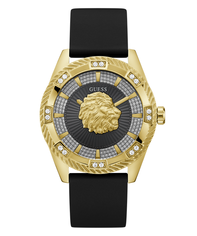 A luxury wristwatch by Guess featuring a gold-tone case with a central lion head motif, a textured gray dial, diamond accents, and a black strap, shown against a plain white background.
