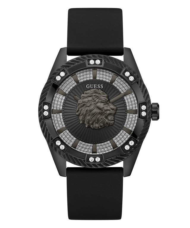 A luxury GUESS watch featuring a black ceramic case, a black strap, and a detailed black dial with a central lion head motif and crystal accents.
