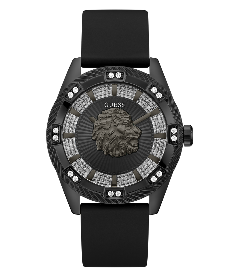 A luxury GUESS watch featuring a black ceramic case, a black strap, and a detailed black dial with a central lion head motif and crystal accents.