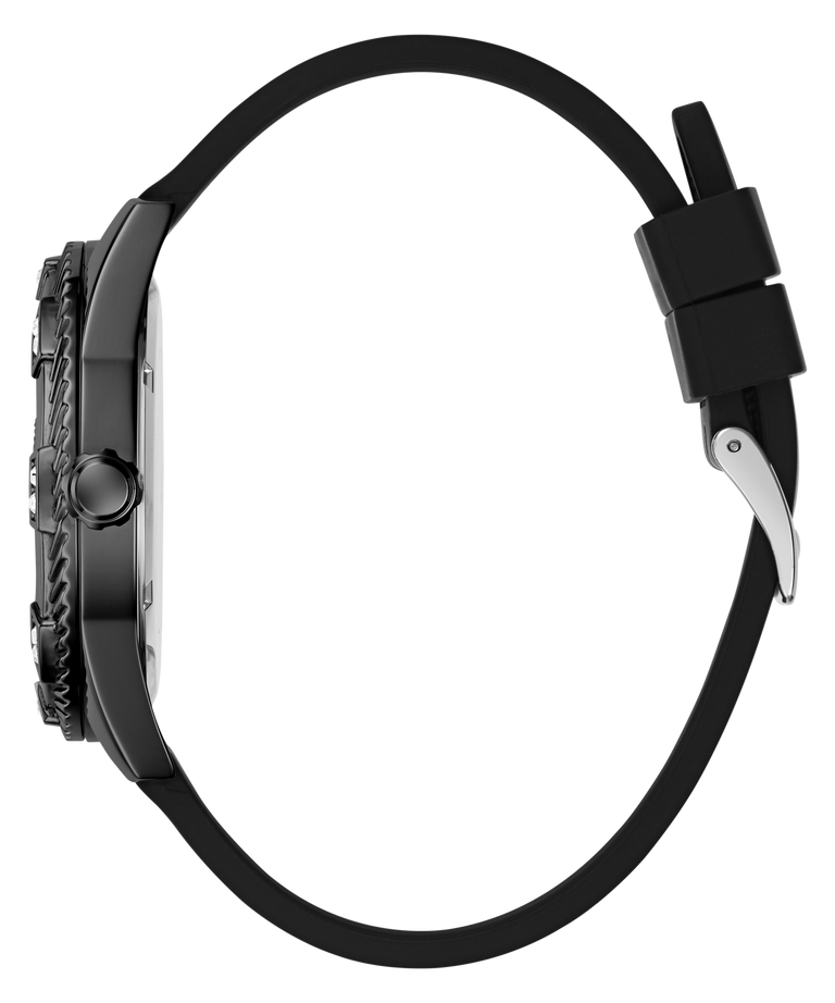 A side profile view of a black smartwatch with a textured dark bezel and a matching black silicone strap featuring a silver-toned clasp, set against a solid white background.