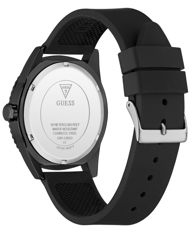 Black GUESS watch with a matte black silicone strap and a black case, showing the brushed silver-toned metal watch back with GUESS branding.