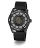A luxury Guess wristwatch featuring a black rubber strap, a black case, and a highly detailed black dial with a central lion head motif, surrounded by rows of sparkling clear crystals.