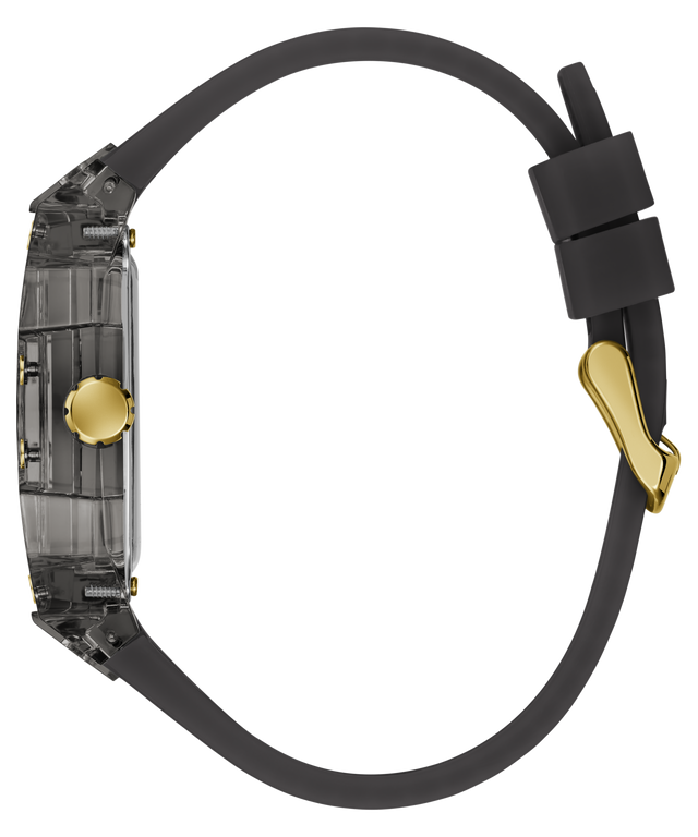 A side profile view of a watch with a transparent case, black silicone strap, and gold-tone accents, including a gold crown button and a gold clasp.